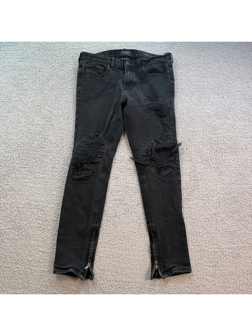 PacSun Skinniest Black Distressed Skinny Jeans 33x28 Comfort Stretch Zip Ankle